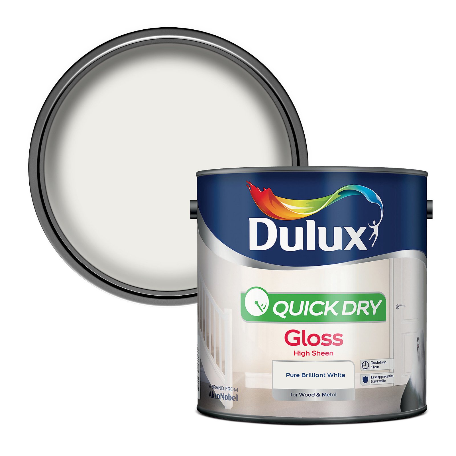 Бързосъхнеща брилянтно бяла гланц боя за метал и дърво Dulux , 2,5 л