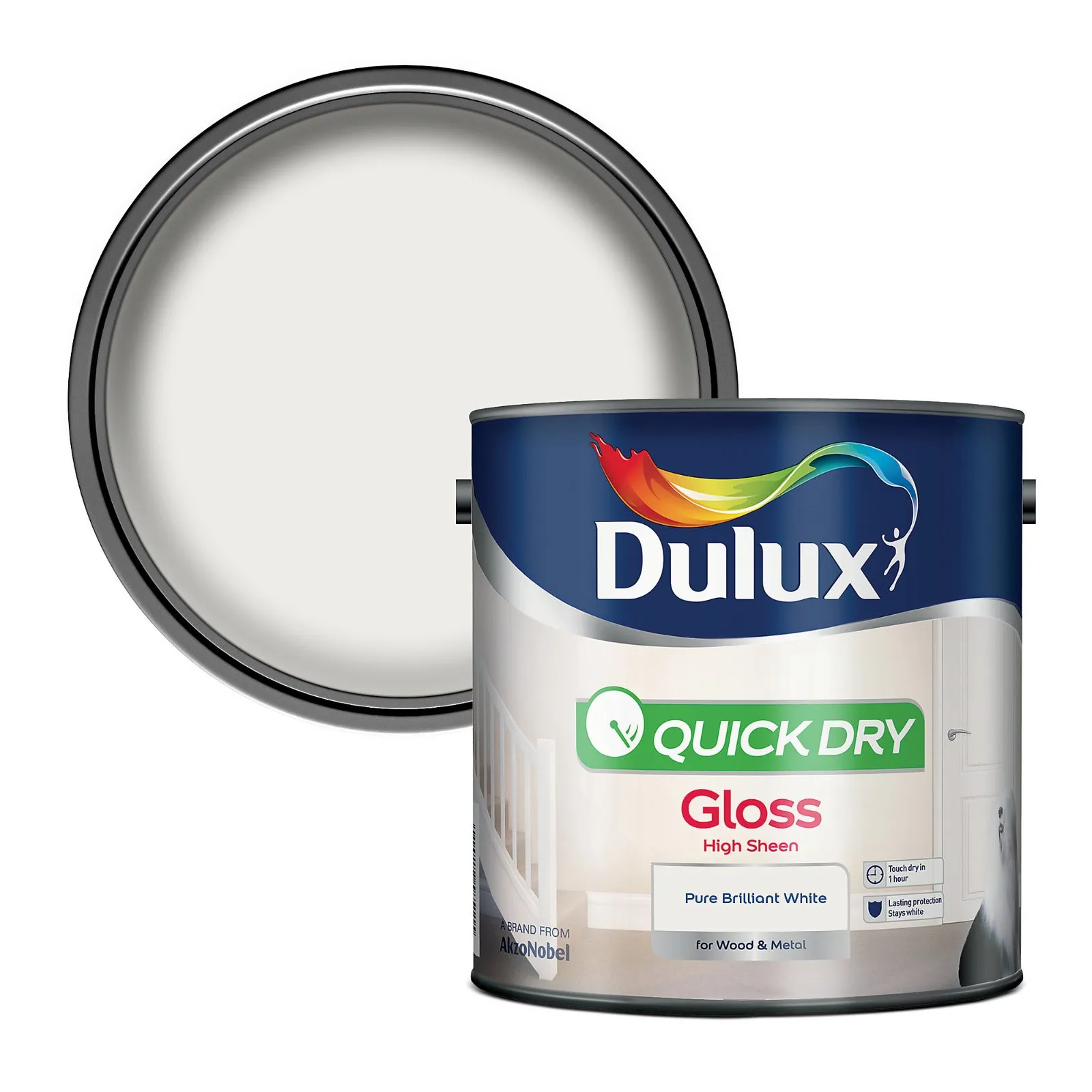 Бързосъхнеща брилянтно бяла гланц боя за метал и дърво Dulux , 2,5 л